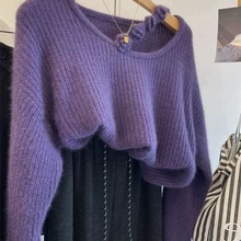 复古紫色小清新套头毛衣女冬季新款宽松慵懒风感针织衫上衣