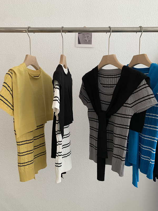 Omalai コントラストカラーラウンドネックストライプポニー刺繍クールシルク半袖セータートップとショール付き女性用 3847|undefined