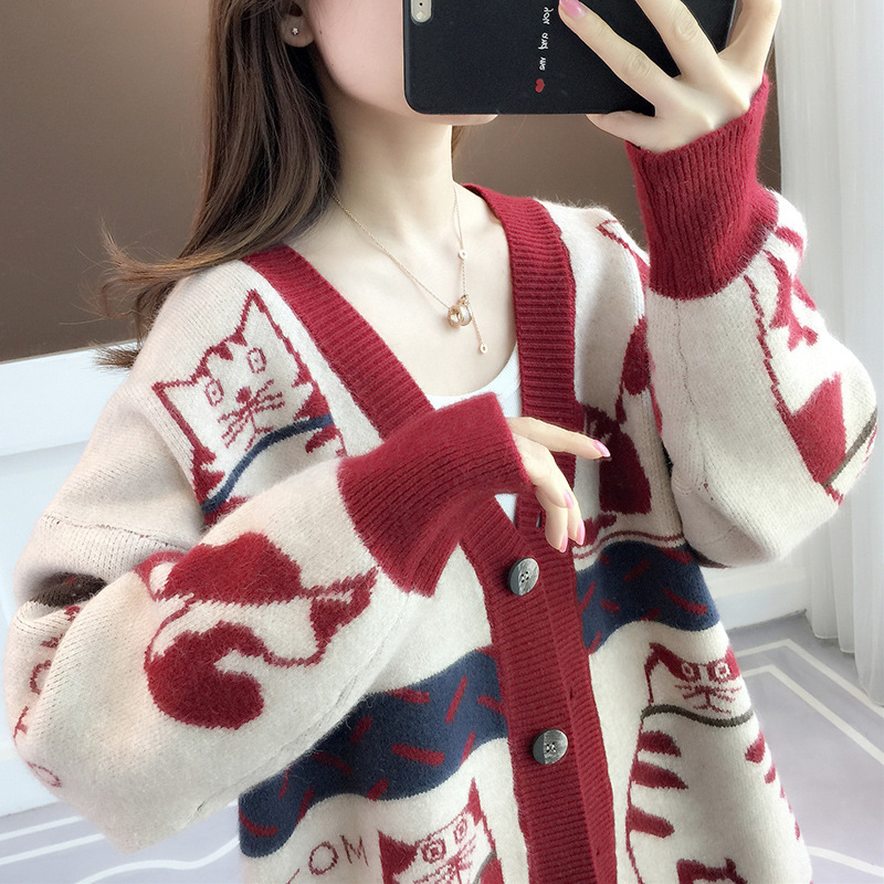 2023 Otoño e Invierno Nuevo suéter exterior de estilo perezoso suelto de las mujeres de estilo coreano con cuello en V gato de dibujos animados de punto Chaqueta de punto