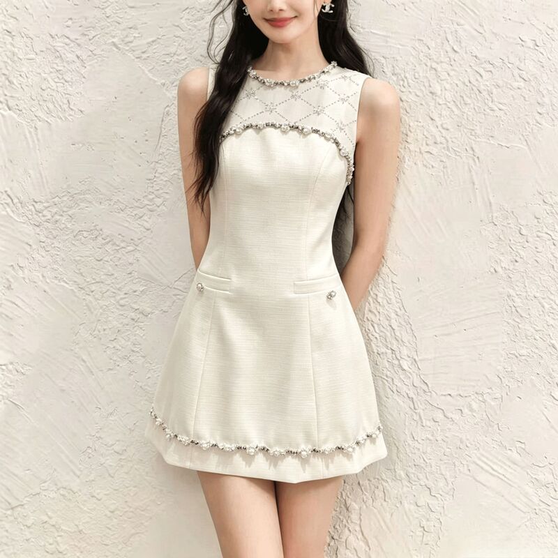 French-Style Chanel-Inspired Beaded Sequin Waist-Cinching Tank Dress for Women, 2026 Summer New Design A-Line Short Dress