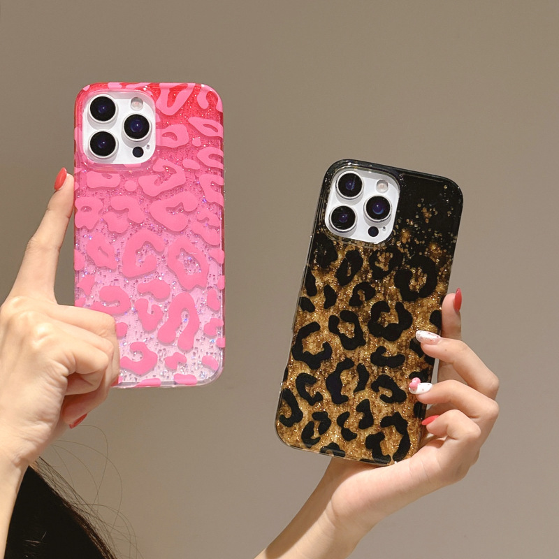 キラキラ輝くスパンコール、欧米風個性派ヒョウ柄、iPhone16Pro Max、Apple 17、14/15対応、二層構造のスマホケース|undefined