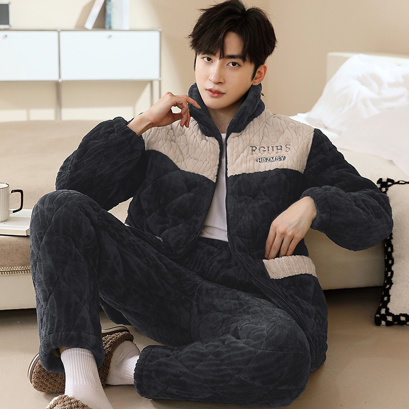 (2개) 남성 잠옷 겨울 새 산호 벨벳 3 층 퀼트 두꺼운 플러스 벨벳 따뜻한 겨울 초대형 겉옷 집에서 입는 옷