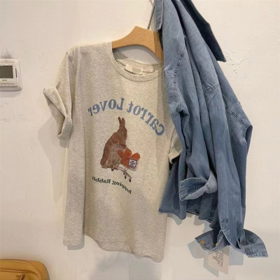 Gray Print High-End Women's T-Shirt 2025 Summer Loose Unisex Cute Rabbit Short-Sleeve Top
