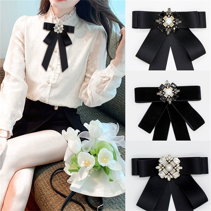 Женский бант-бабочка в корейском стиле, большой бантик, черный квадратный бант с камнями, украшение для воротника рубашки, висячий цветочный декор на шею, модная рубашка.
