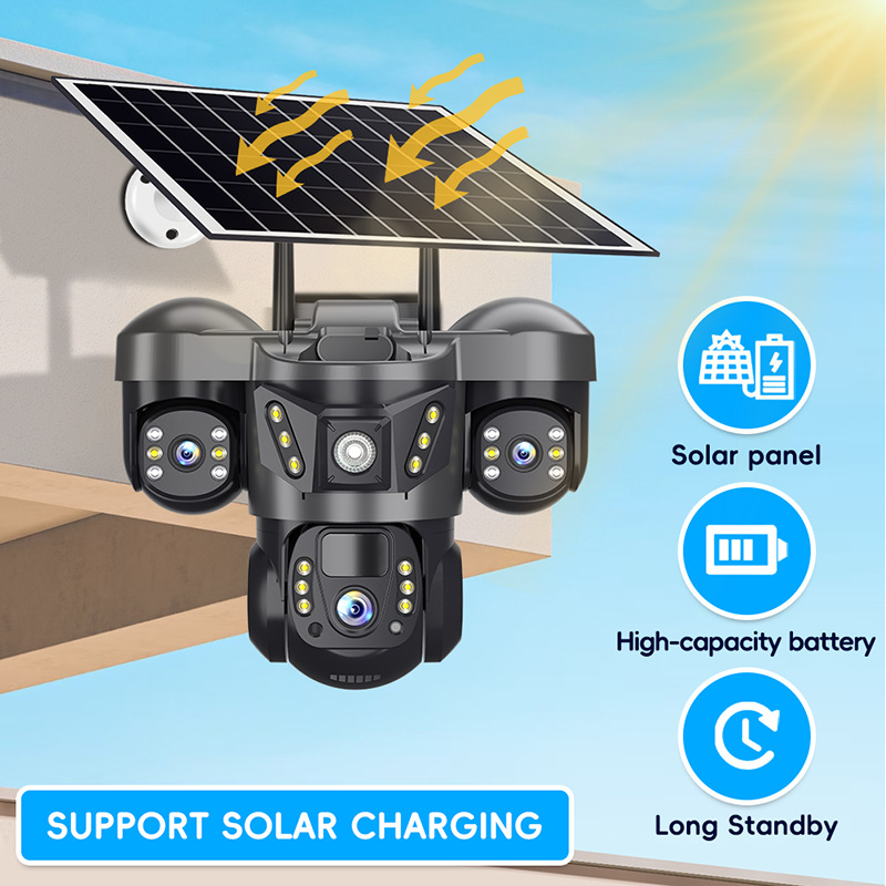 Cámara PTZ 4G V380 HD CCTV para exteriores con batería solar y tres lentes