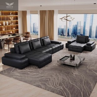 Genuine Leather Multifunctional Lawrence Electric Leather Sofa Living Room Modern Zero Wall Black Straight Sofa Bed Dual Use