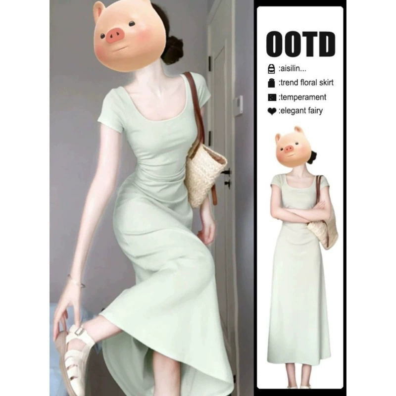 Женское летнее платье 2025 года, французский стиль, квадратный вырез, зеленое, облегающее, короткий рукав, длинная юбка