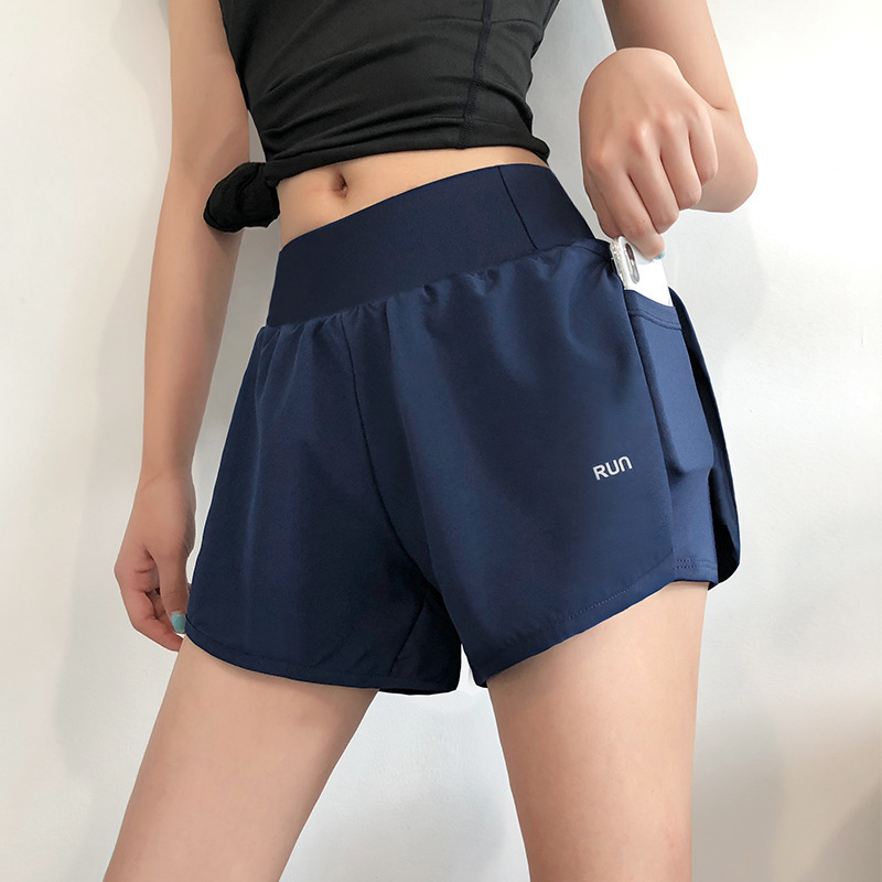 Sports Shorts Cross-Border New Fake Two-Piece Running Shorts Quick-Drying Anti-Exposure Yoga Pants Pocket Fitness Shorts for Women