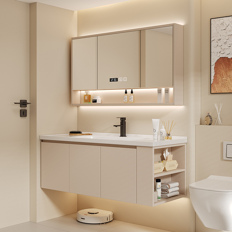 Modern Light Luxury Designer Cream-Style Bathroom Cabinet with Integrated Ceramic Basin and Vanity Sink