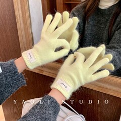 金泰含兔毛蕾丝边贴布～秋冬氛围针织毛线手套女保暖露指可触屏