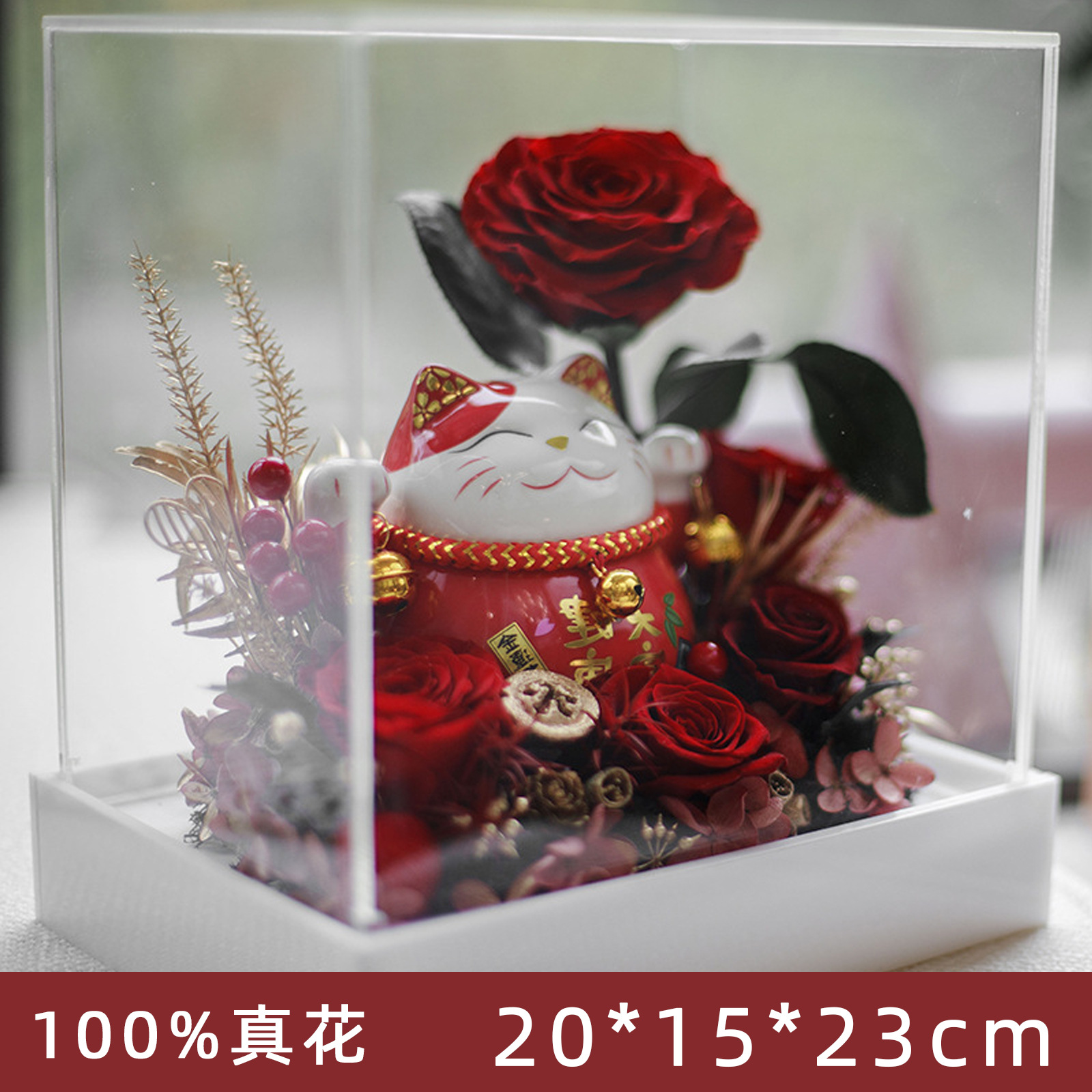 Caixa acrílica de flores para gatos inmortales, flores y rosas, regalo de Año Nuevo, decoraciones de oficina para el hogar