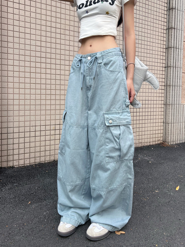 高街多口袋工装牛仔裤女夏季新款宽松休闲垂感阔腿拖地长裤子ins|undefined