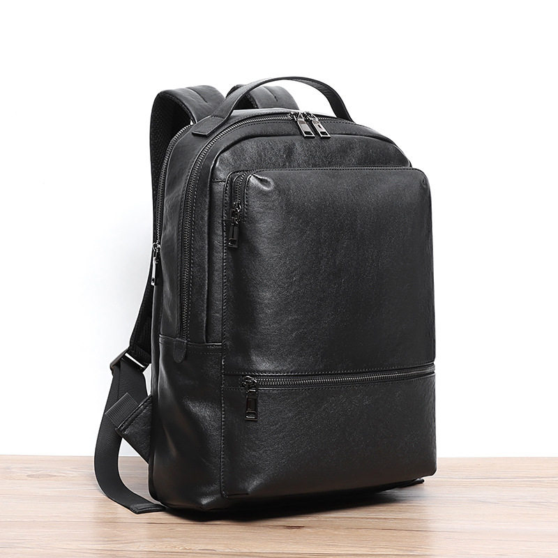 Ba lô da bò lớp đầu nam 15.6 inch công sở, ba lô laptop du lịch 32×12×42 cm — Màu đen