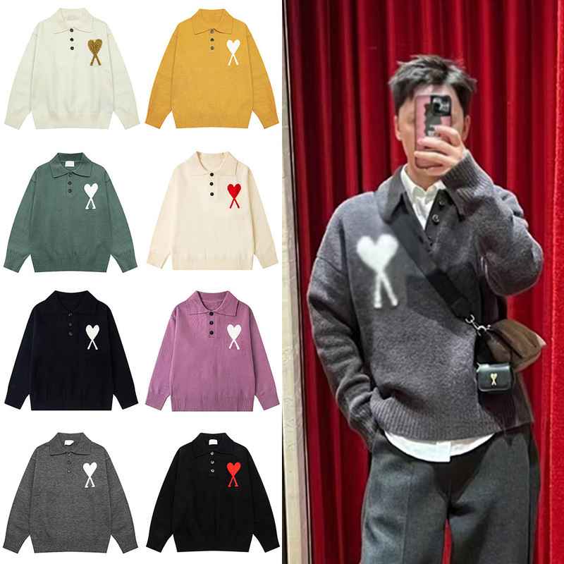 Sweater with Large Heart Jacquard Lapel Polo Shirt Knitwear Loose Soft Waxy Long Sleeves Same Style for Men and Women