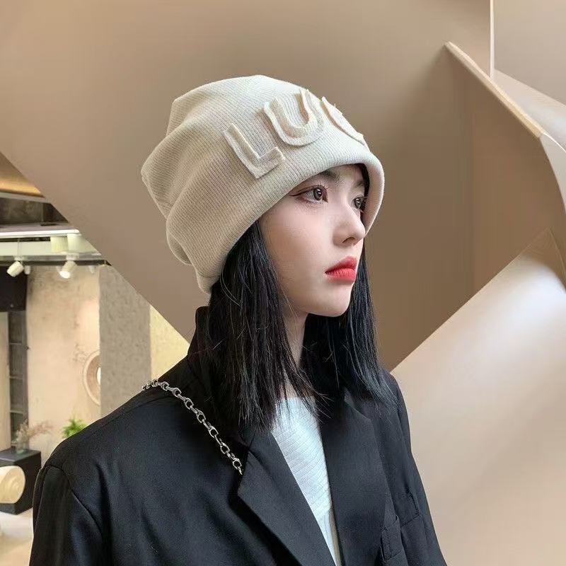 网红堆堆帽女产后月子帽春秋时尚字母日系毛线针织包头帽春季冷帽|undefined