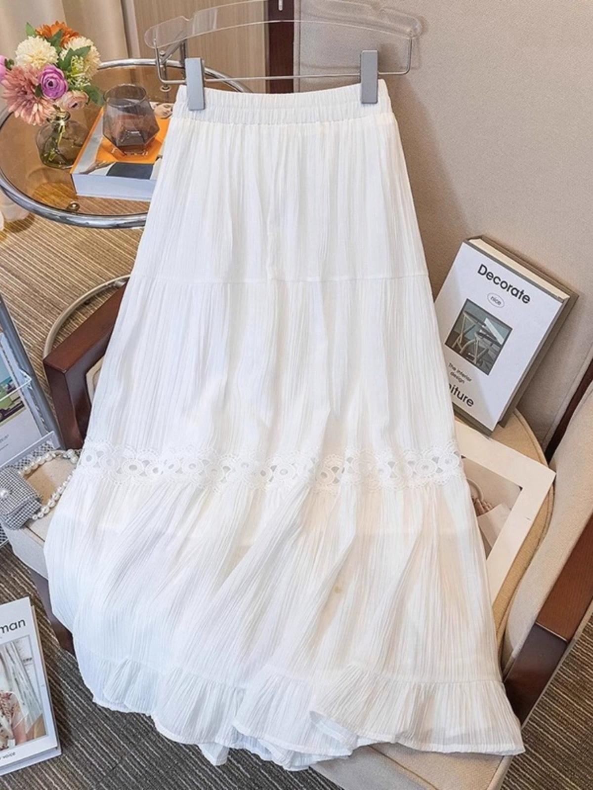 белая шифоновая юбка для женщин летом, больших размеров, скрывает живот и стройнит, фигура груши, юбка-зонтик средней длины