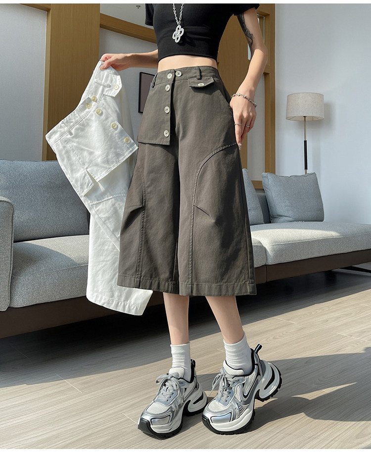 Quần culottes nữ ống rộng cạp cao dáng suông vải cotton — màu trắng chi tiết 24