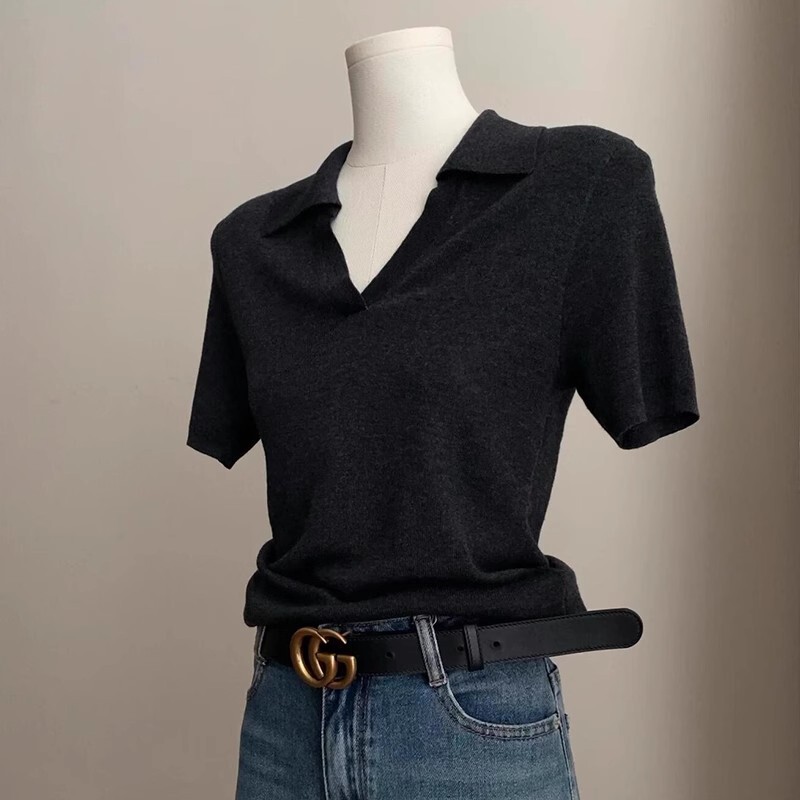 in stock slimming paper person ~ minimalist temperament Polo collar ice silk sweater women's short sleeve scissors v collar top