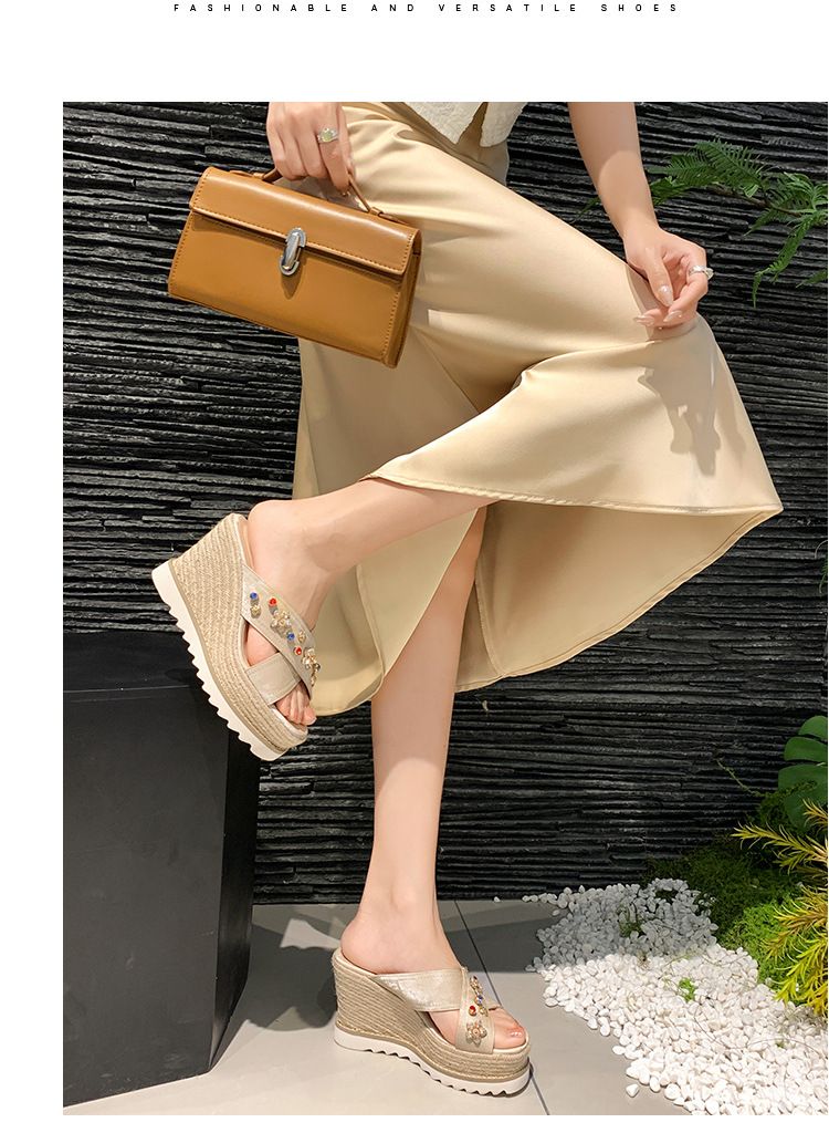 Sandal cao gót nữ hở mũi đế xuồng đan rơm, đính đá, quai ngang da thật — màu trắng ngà, màu kaki chi tiết 8