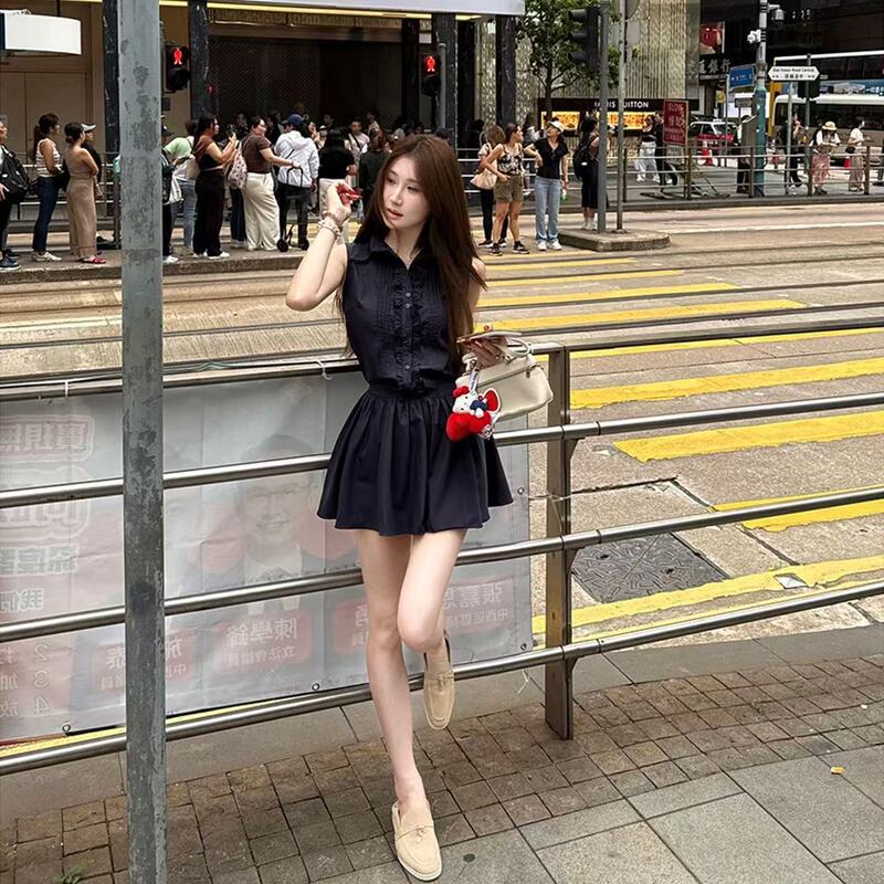 2025 New Model Old Money Style Slimming and Complexion-Enhancing Dark Blue Sleeveless Dress with Back Waist Tie, Sexy Short Dress