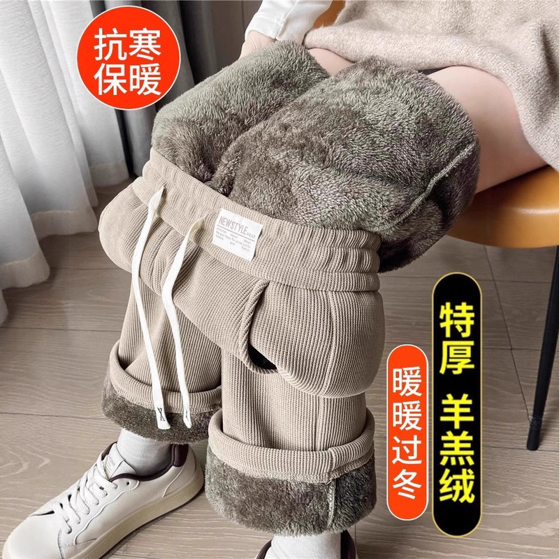 Lamb Wool Wide-Leg Pants for Women, Autumn and Winter Chenille Women's Pants, Fleece-Lined, Thickened, Warm Cotton Pants, Corduroy Straight-Leg Pants