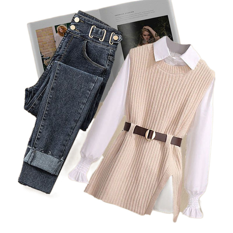 GraceChic Plus Size Herbst/Winter-Anzug für Damen 2024, neues Western-Style-Strickweste, Damenhemd, Slim-Jeans, Dreiteiler_voghion.com