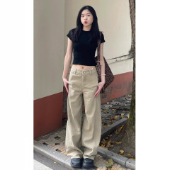 卡其色设计感拼接阔腿牛仔裤女春季宽松显瘦垂感小个子直筒拖地裤