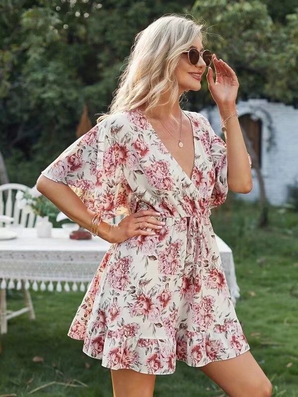 short sleeve v neck lace-up floral chiffon dress NSAM127551