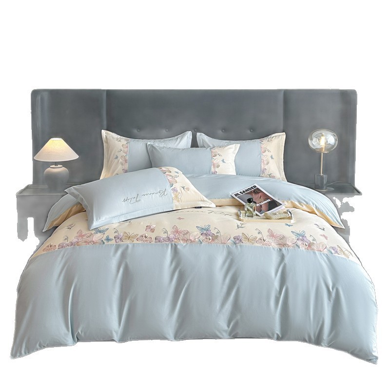 Class a Classy Accessible Luxury 100% Cotton Embroidered Four-Piece Pure Cotton Quilt Cover Skin-Friendly Soft Anti-Static Pure Color Set