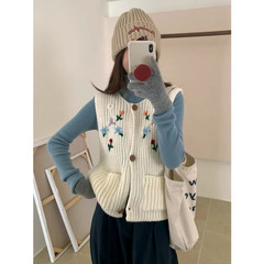 木四 复古手工刺绣花朵毛衣马甲背心女无袖针织开衫上衣M6662