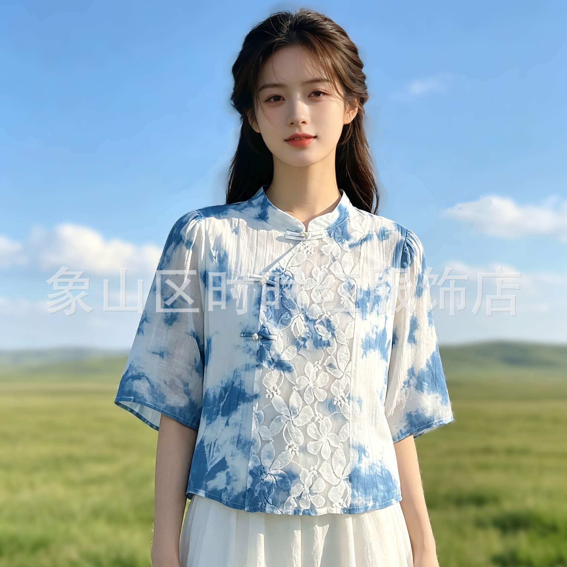 새로운 넥타이 염색 화이트 배아 실크 린넨 미드 슬리브 셔츠 옷깃 라운드 넥 느슨한 슬리밍 우아한 올 매치 통근자 탑