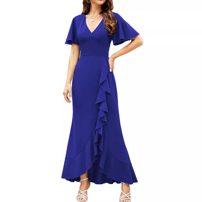 Cross-border 2025 European and American Women's Formal dress V-neck Pleated Cocktail Dress with Side Slit