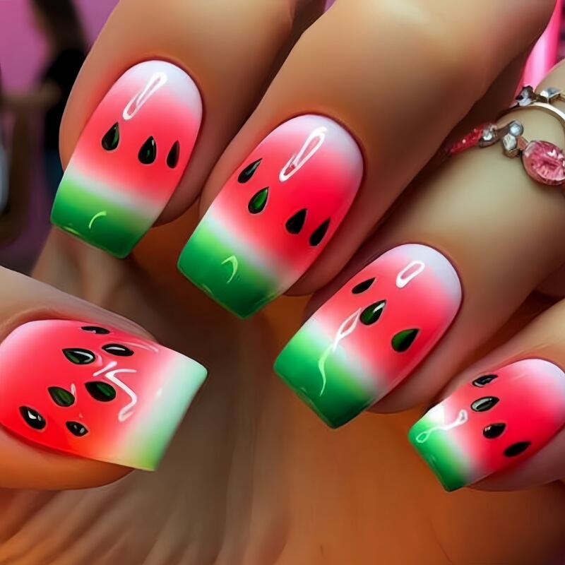 Medium and Long European Square Nail Art Patch New Year Nail Art Spring and Summer Watermelon Pattern Hot Selling European and American Fake Nails