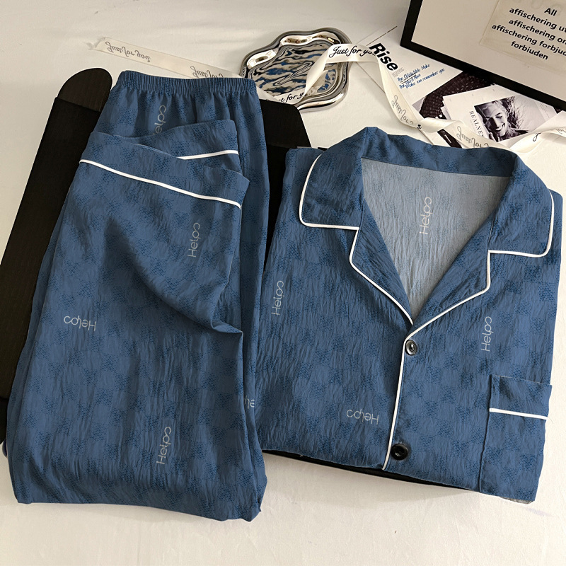 Simple Plaid Letter Print Cloud Cotton Pajamas Men's High-End Home Wear Design Long-Sleeved Suit Real Shot Wholesale