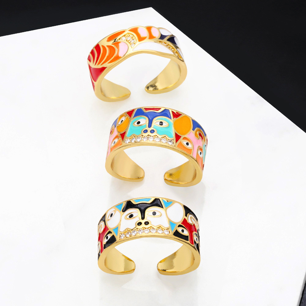 New Dog Pattern Colorful Dripping Oil Copper 18K Gold-plated Adjustable Ring