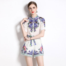 欧美跨境外贸套装2024夏季新款雪纺印花短袖上衣搭时尚短裤两件套