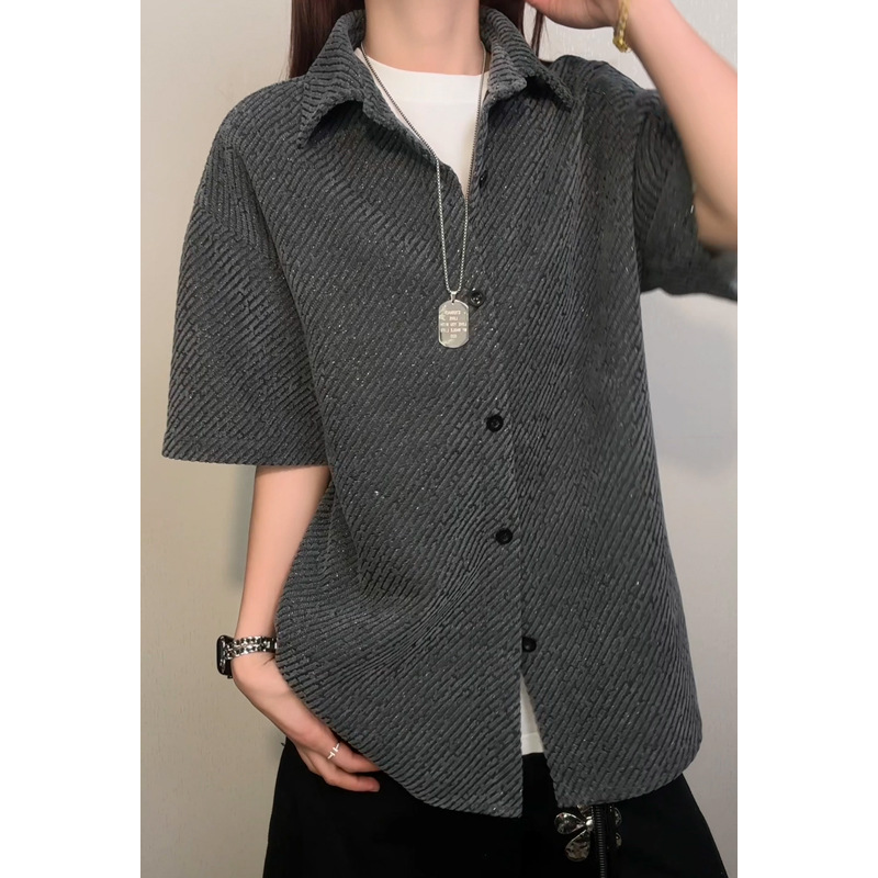 Oversize Casual Basic Shor-sleeve Shir, Unisex, Hong Kong Syle, Rendy, Loose And Versaile, Five-quarer Sleeve_voghion.com