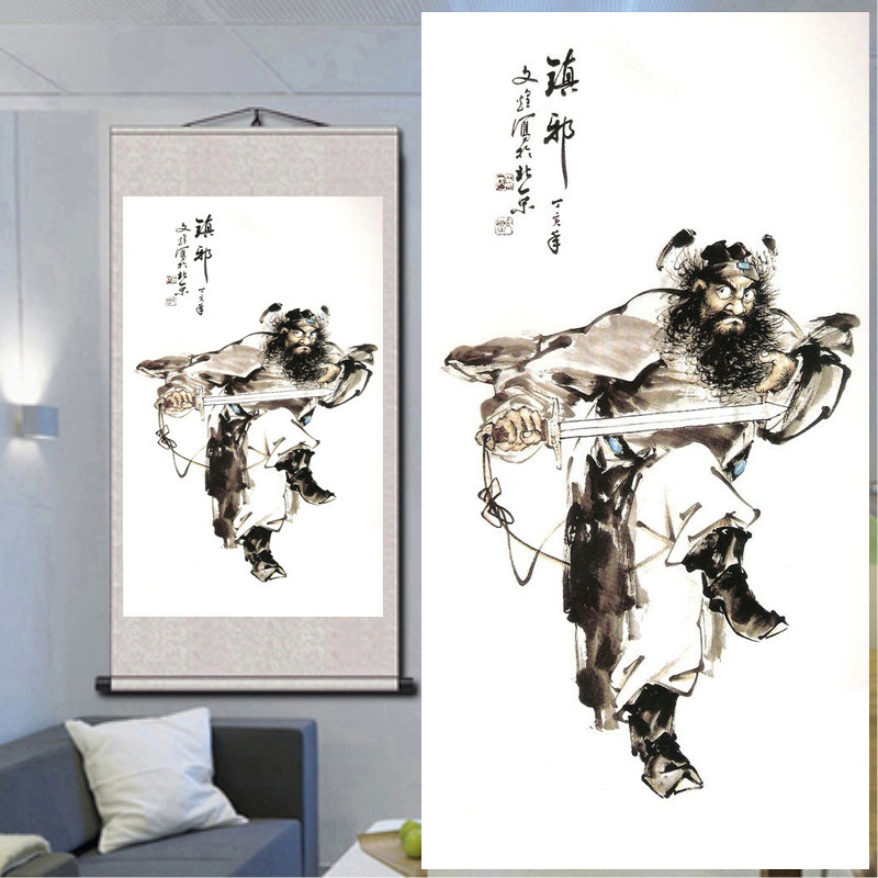 钟馗画像丝绸卷轴画朱砂客厅国画钟馗画竖版迎福玄关挂画垒德株