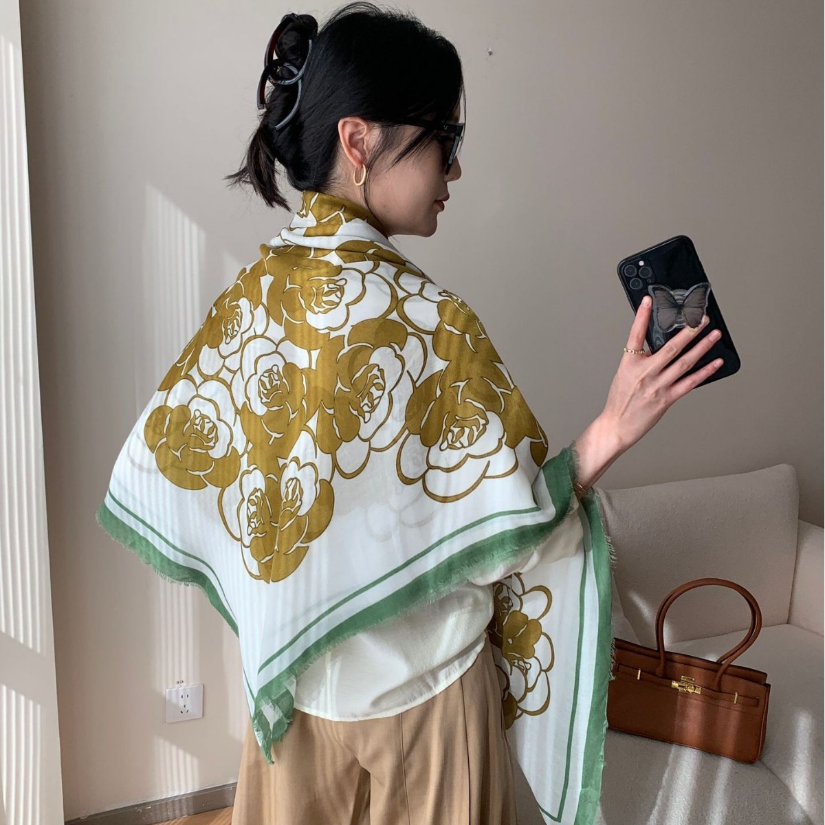 2024 estilo coreano camellia moda versátil alienígena chal algodón lino sensación 130 bufandas cuadradas bufandas de seda delgadas