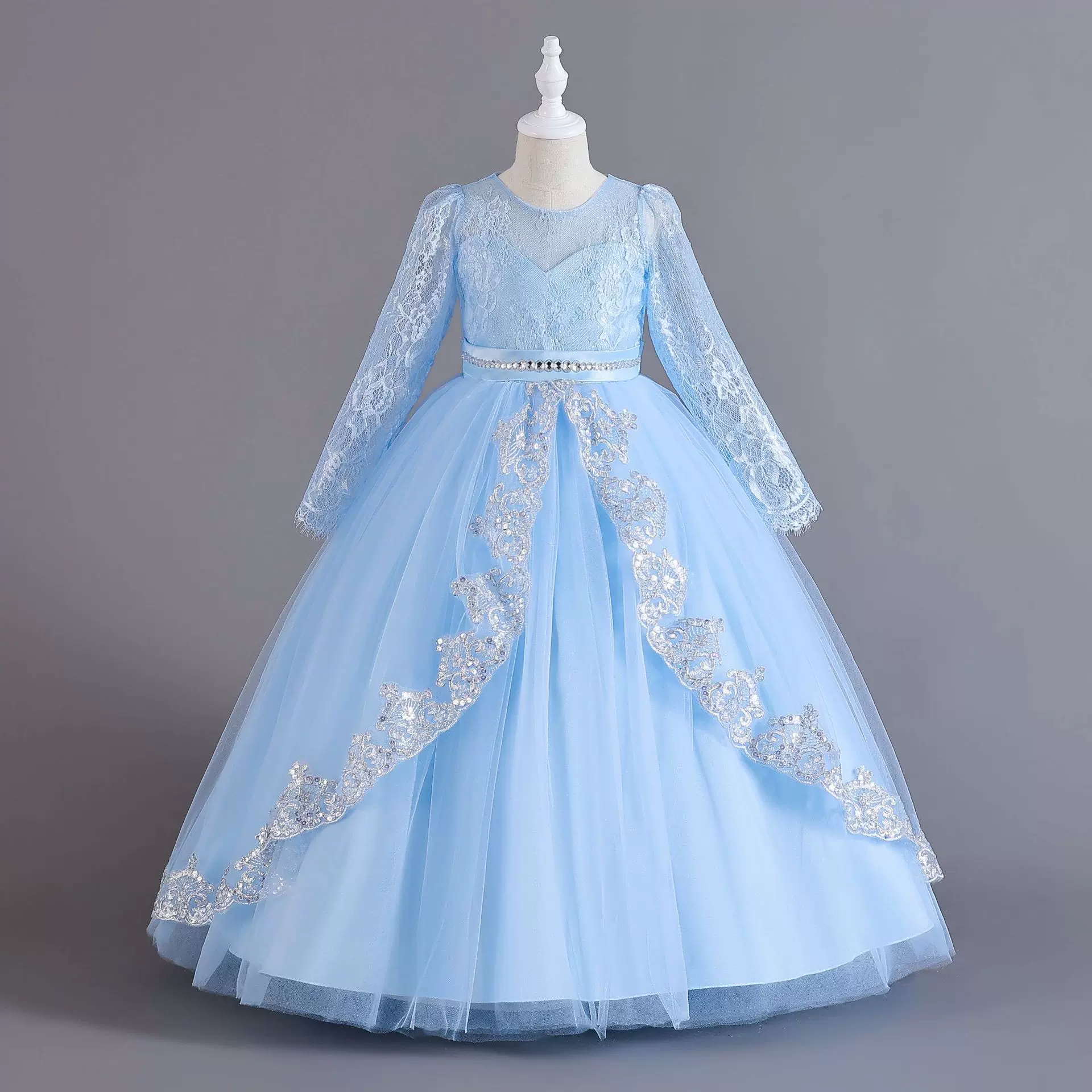 现货新款亮片花边儿童礼服长袖公主裙女花童圣诞连衣裙kids dress