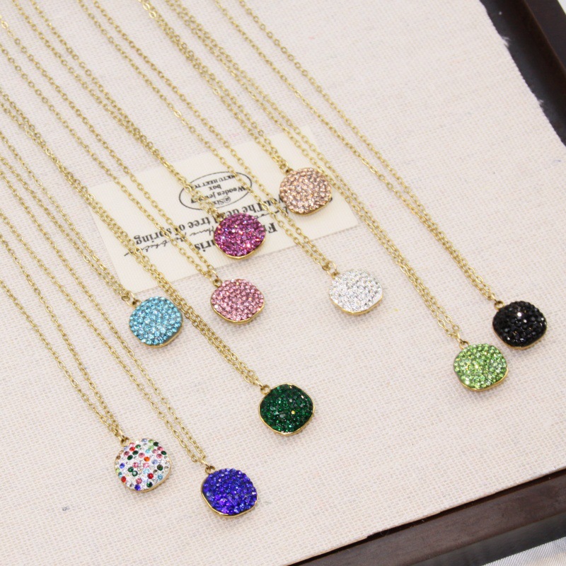 Cross-border bestseller stainless steel full-diamond square necklace dopamine square pendant niche versatile stainless steel collarbone chain