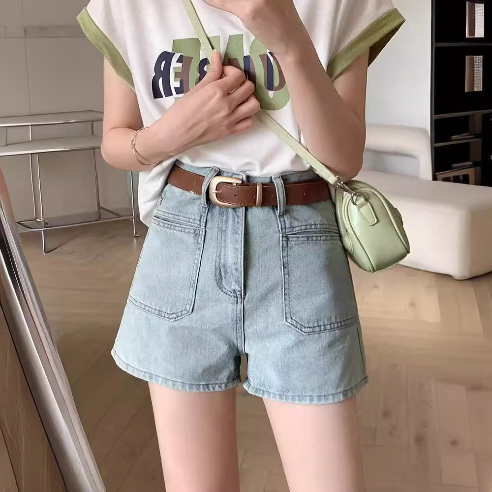 여성용 신상 데님 반바지, 여름용 하이웨이스트 디자인 포켓 일자핏 바지, 슬림하고 루즈한 A라인 와이드 팬츠