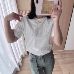25年MAX家半袖女性ダブルm凹凸アルファベット純色tシャツカジュアル丸首シンプルファッション百合半袖