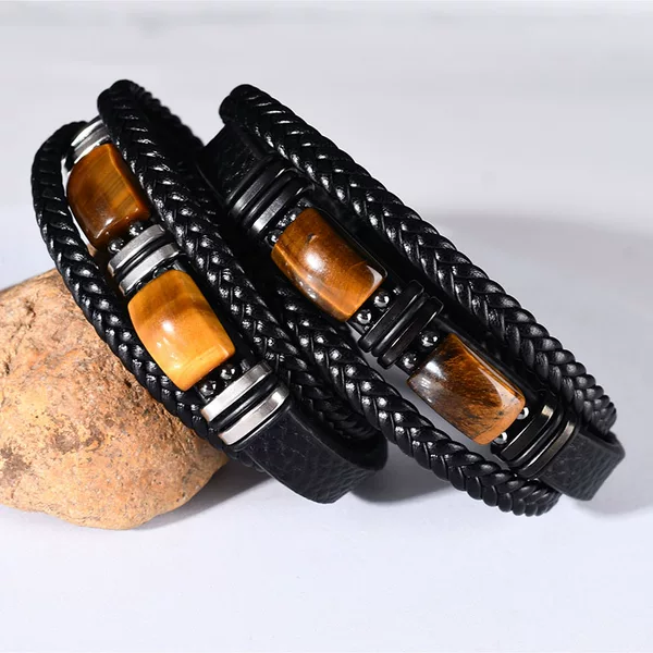European and American Cross-Border Hot-Selling Tiger Eye Stone Bracelet for Men, Multi-Layer Leather Rope Bracelet, Stone Bracelet with Magnetic Clasp, Men's Jewelry