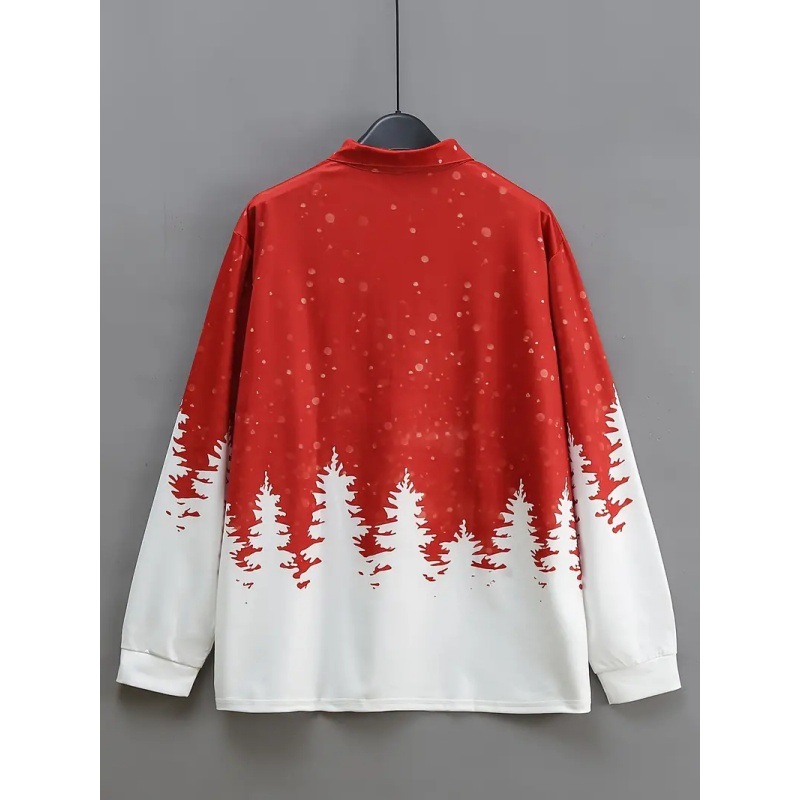 Simple rojo y blanco color de contraste año nuevo árbol de Navidad impresión 3D hombres calle todo fósforo hombro de manga larga cremallera camisa POLO