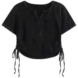 做旧水洗纯棉 2025新款纯色系带复古短款短袖抽绳设计感T恤女上衣