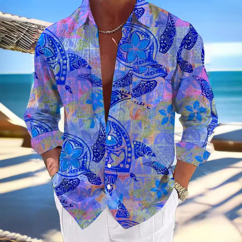 European and American Cross-Border Hot-Selling 2026 New Casual Turtle 3D Digital Print Hawaiian Lapel Long-Sleeve Shirt