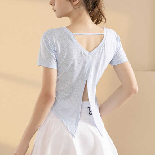 Summer New Slit Embroidered Short-Sleeve T-Shirt Loose Beautiful Back Top Slimming and Weight-Loss Quick-Drying Breathable Yoga Clothes for Women