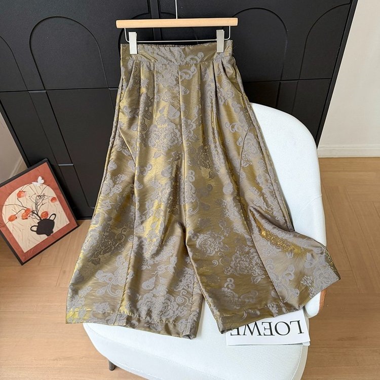 Mid-aged mother's new Chinese-style jacquard summer floral satin wide-leg pants, high-waisted, drapey, loose-fitting, cropped casual pants
