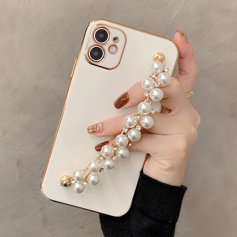 Funda Protectora Rígida de Color Sólido con Galvanoplastia, Apta para Teléfono Apple 17Pro, Funda para iPhone 16ProMax con Cadena de Perlas X